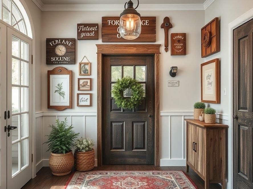 Rustic Entryway Ideas: Transform Your Home’s First Impression 10 Rustic entryway with farmhouse wall décor and wooden art accents.