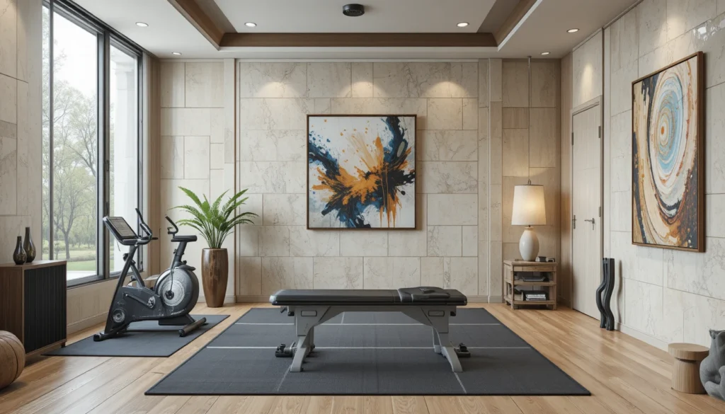 Gym Decor Ideas for Home 11 Home gym personalized with textured walls, modern art, and stylish fabric accents.