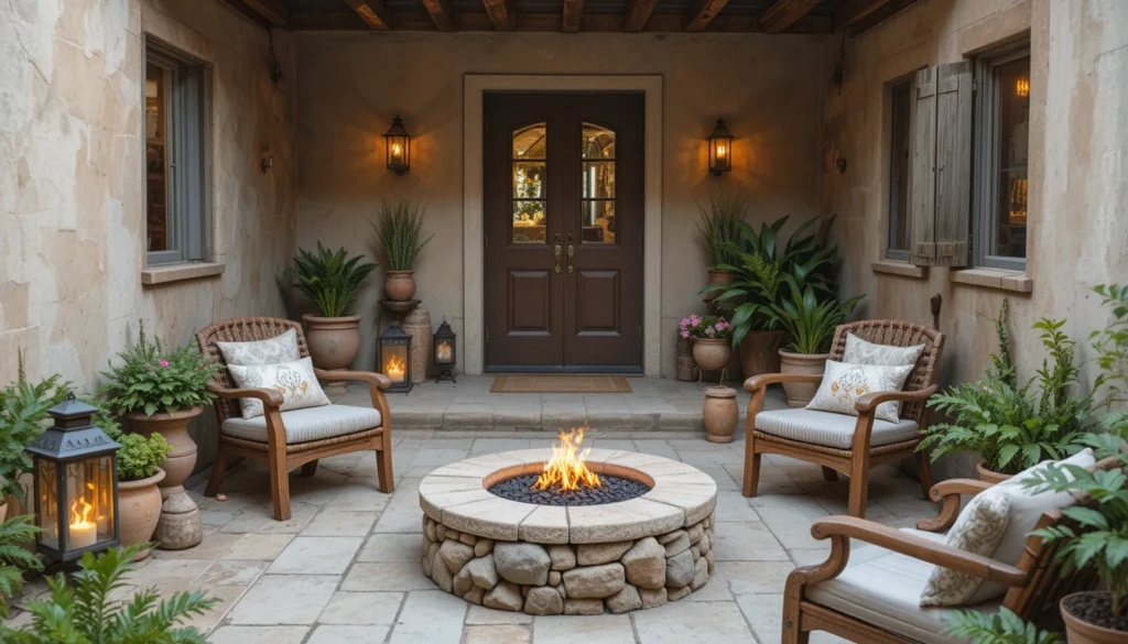 Cozy Patio Fire Pit Ideas for a Warm Outdoor Space 17 Fire pit patio with handmade pottery, lanterns, and personal decor.