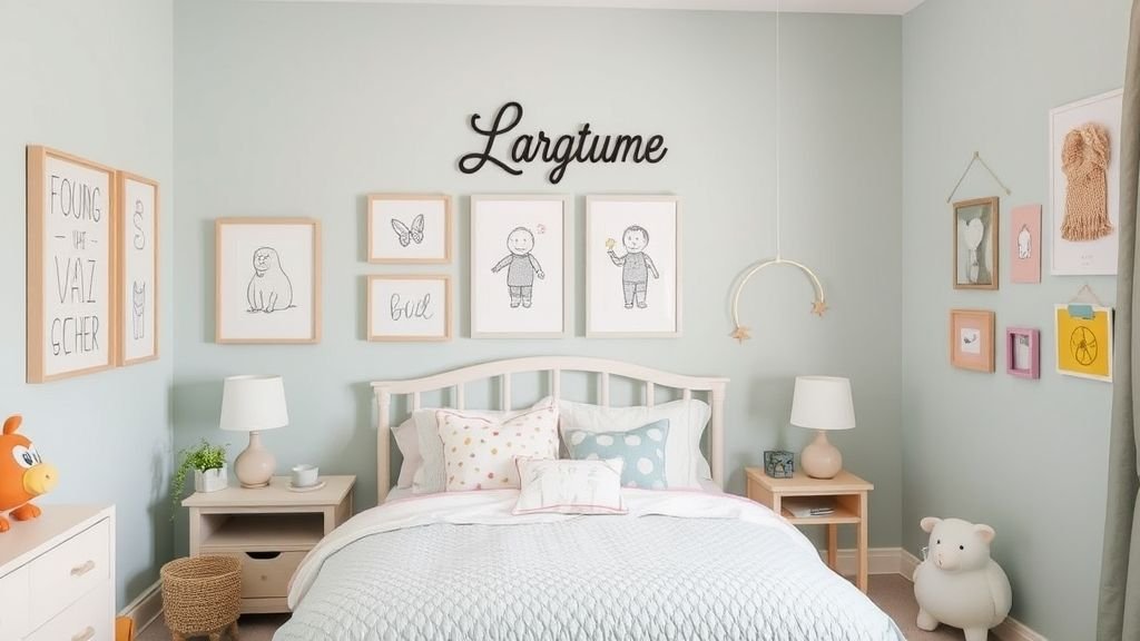 16 Whimsical Kids Room Ideas to Brighten Your Home Decor 9 Kids room with framed artwork, wooden name sign, and pastel decor