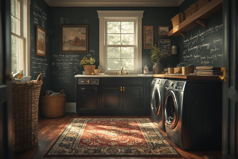 Laundry Room Ideas for Organized and Stylish Living 14 Laundry room with art, chalkboard wall, and modern black cabinets.