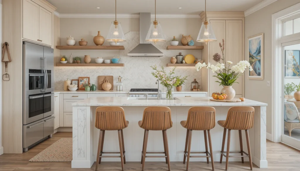 Modern Kitchen Design for Stylish Functional Living 14 Modern kitchen with artistic and personal touches including custom stools and ceramic décor.