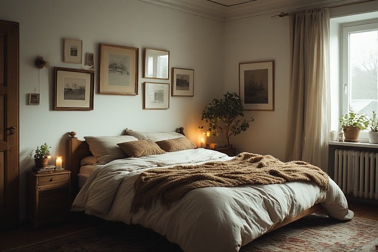 16 Dreamy Plant Lover Bedroom Ideas to Inspire Natural Decor 17 Artistic bedroom with vintage decor, cozy fabrics, and minimal greenery.