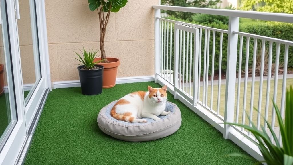 16 Stylish Balcony Ideas to Elevate Your Home Design 12 Balcony with artificial grass, pet bed, and railing enclosure for pets.