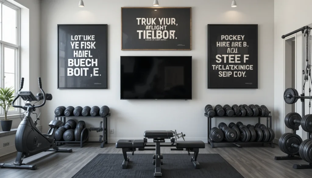 Gym Decor Ideas for Home 4 Motivational wall decor in a home gym with fitness quotes and modern art.