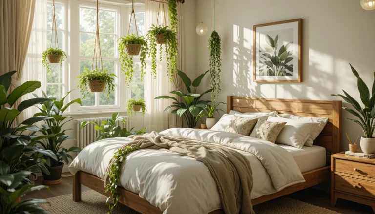 Cozy bedroom with wooden furniture, white bedding, and lush green indoor plants creating a calm, nature-inspired sleep sanctuary.