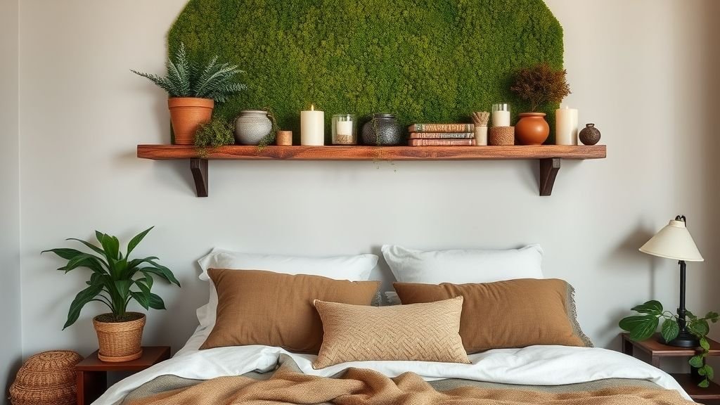 Plant Lover Bedroom Ideas: Bring Nature Into Your Sleep Sanctuary 5 Bedroom with rustic wooden shelves displaying potted plants and candles against a green wall.