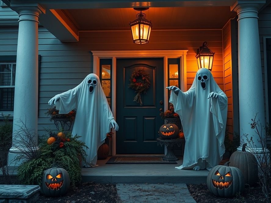 Halloween Porch & Outdoor Decorations 9 Halloween porch with sound and motion effects featuring animatronics and spooky lights.