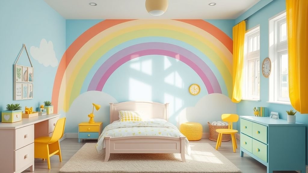 16 Whimsical Kids Room Ideas to Brighten Your Home Decor 2 Kids room with pastel rainbow wall, colorful furniture, and bright yellow accents.