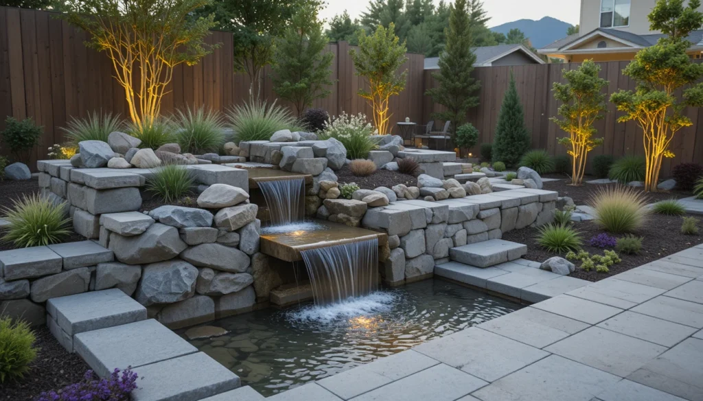 Backyard Water Features for a Serene Outdoor Escape 8 Compact pondless waterfall in a modern backyard with warm lighting and mossy stones.