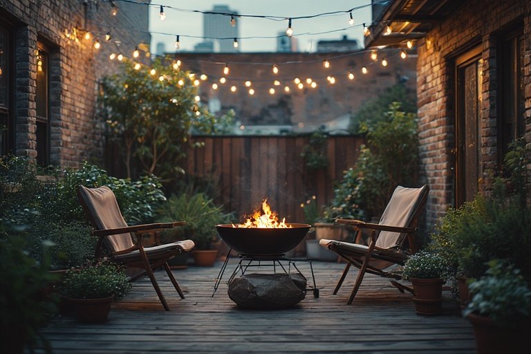 Cozy Patio Fire Pit Ideas for a Warm Outdoor Space 3 Portable metal fire pit with folding chairs and string lights on a cozy patio.