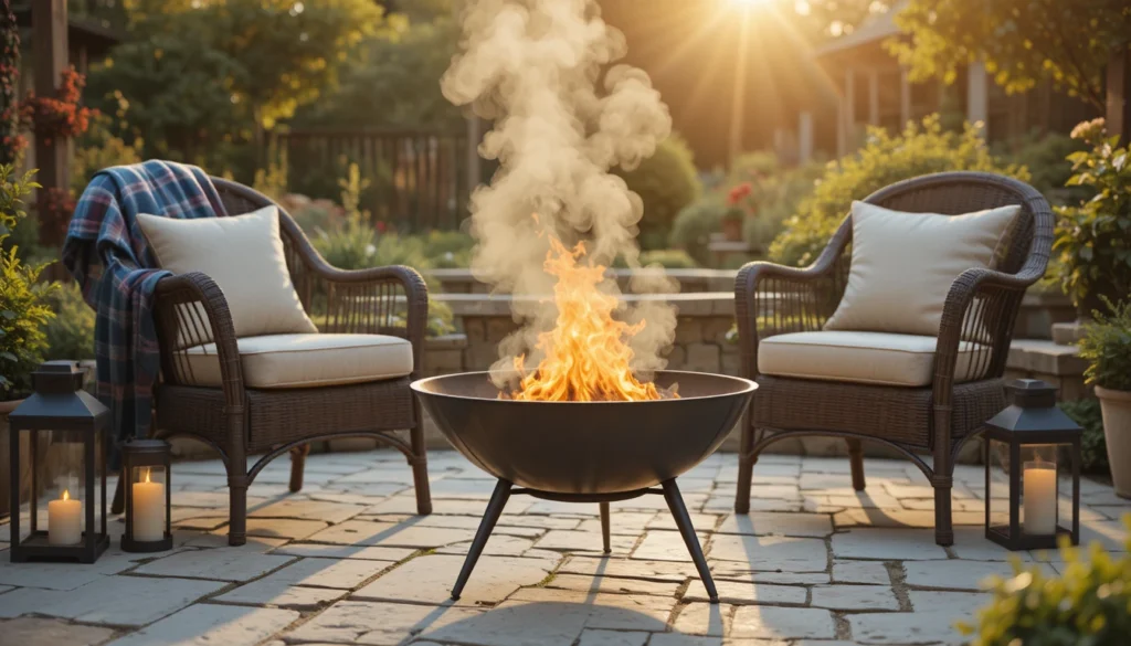 A portable metal fire bowl glowing warmly on a patio surrounded by cozy outdoor seating