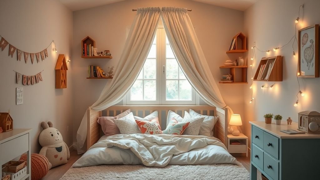 Kids’ reading corner with canopy, pillows, and bookshelf.