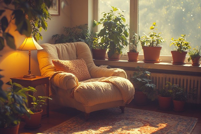 Modern Plant Lover Bedroom Ideas for a Serene Escape 16 Bedroom reading corner surrounded by indoor plants and soft warm lighting.