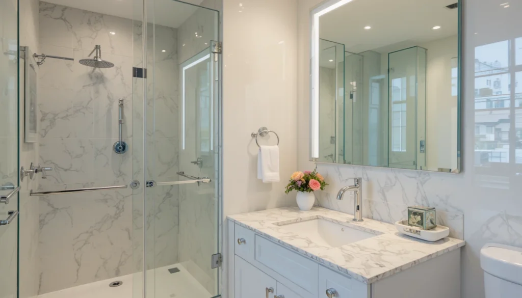 16 Bold and Beautiful Bathroom Vanity Ideas for Apartments 13 Glass-paneled vanity reflecting light in bright, modern apartment bathroom.