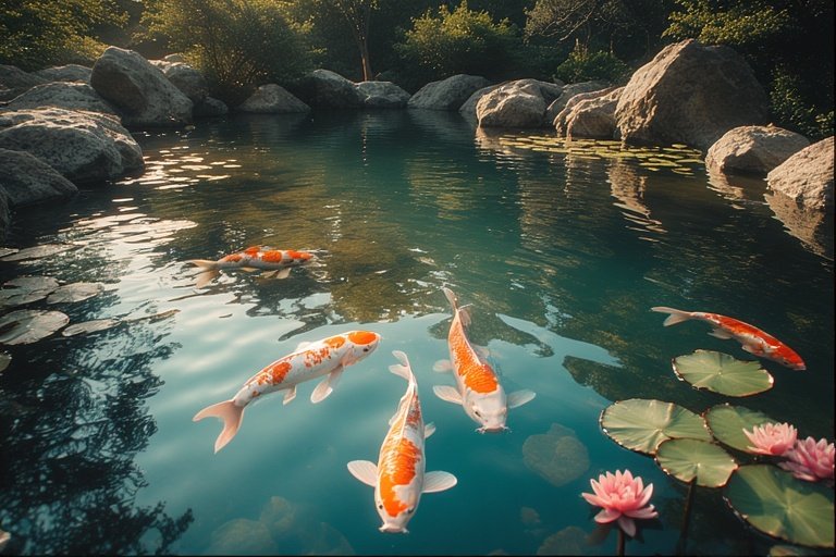 Backyard Water Features for a Serene Outdoor Escape 4 Still garden pond with lilies, koi fish, and sky reflections surrounded by natural stones.
