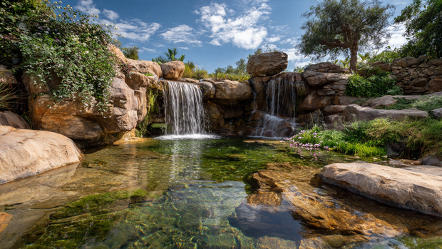 16 Natural Stone Waterfall for Hillside Beauty and Relaxation 6 Reflective pool at the base of a stone waterfall on a hillside with lush plants.