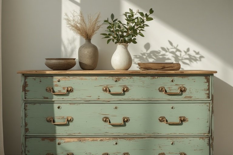 16 Affordable Cozy Home Decor for Modern Interiors 16 Repainted vintage cabinet in sage green with modern brass accents.