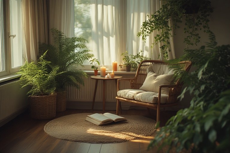 Plant Lover Bedroom Ideas: Bring Nature Into Your Sleep Sanctuary 12 Bedroom corner with ferns, candles, and a chair creating a serene relaxation space.