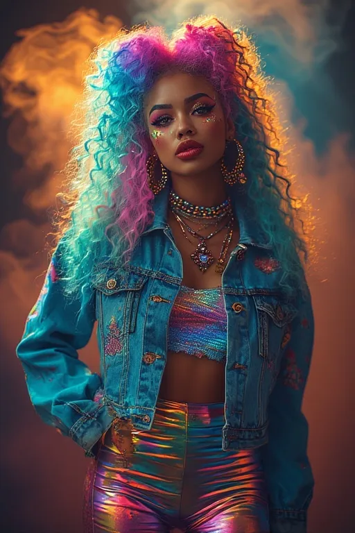 Trendy Halloween Outfit Ideas for a Stylish Spooky Season 9 A woman wearing neon leggings, a denim jacket, and bold makeup, representing the 2025 “Retro Revival” ’80s Halloween trend.