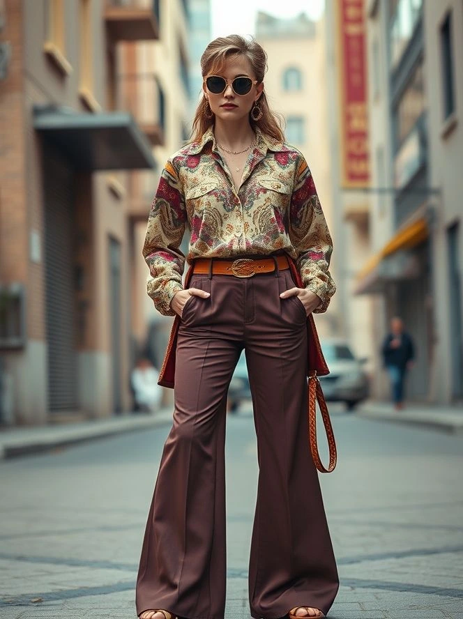 Street Style 2025: The Ultimate Guide to Modern Urban Fashion 6 A fashionable model dressed in vintage-inspired clothing with flared jeans, bold prints, and retro sunglasses, showcasing the 2025 “Retro Revival” trend that brings nostalgic styles back with a modern twist