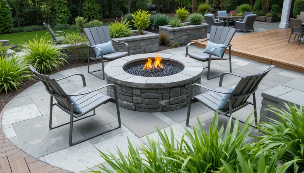 Cozy Patio Fire Pit Ideas for a Warm Outdoor Space 2 Modern stone fire pit on patio with metal chairs and green garden backdrop.