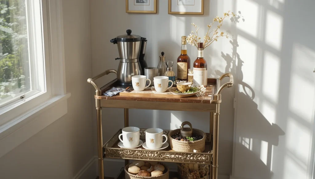 Coffee Bar Ideas for a Stylish and Cozy Home Setup 11 Coffee bar cart with mugs, coffee maker, and morning light.