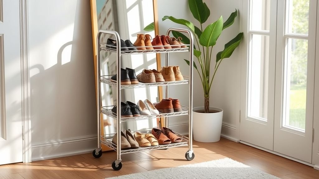 Shoe Storage Ideas for Stylish and Organized Homes 9 Metal rolling shoe cart with three tiers displaying shoes in a bright, stylish room.