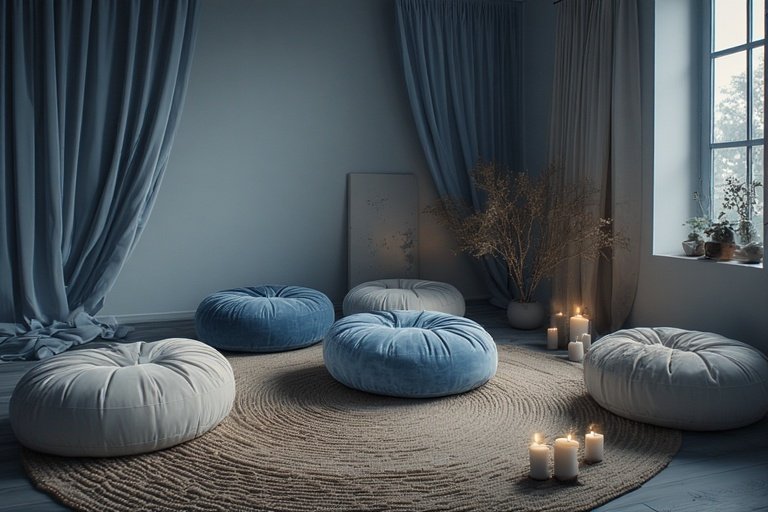 Floor Seating Ideas for a Cozy and Stylish Space 12 A serene floor seating area with round blue and ivory cushions and soft lighting.