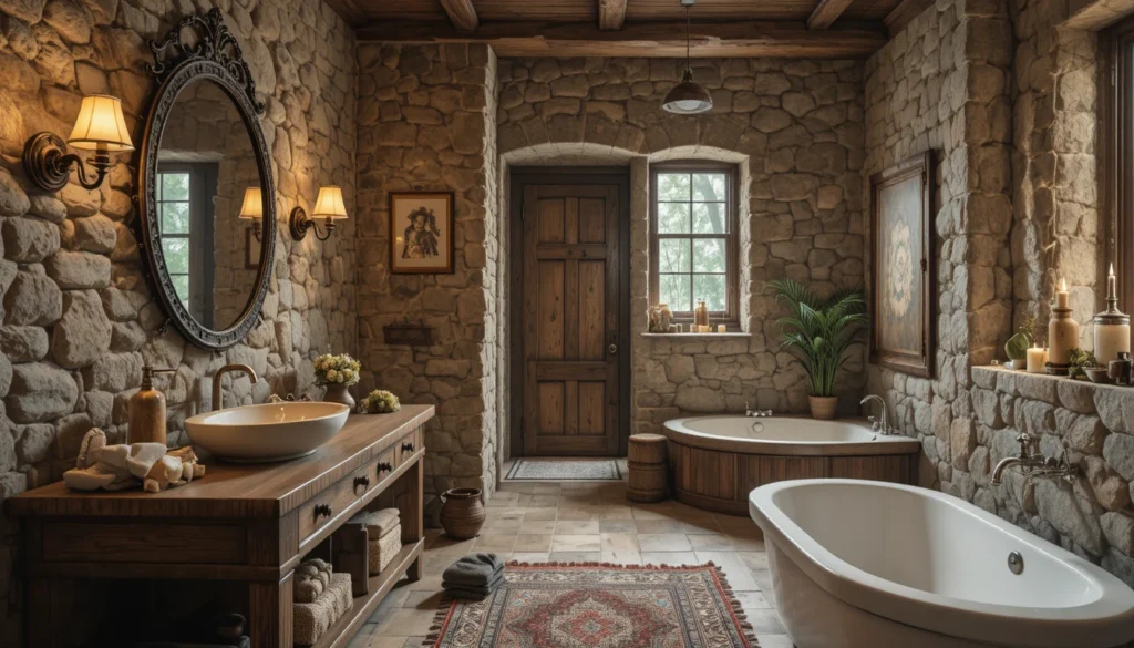 Rustic Cabin Interiors: Cozy Charm and Timeless Design Ideas 10 Rustic bathroom inspiration with natural stone, wood accents, and soft warm light.