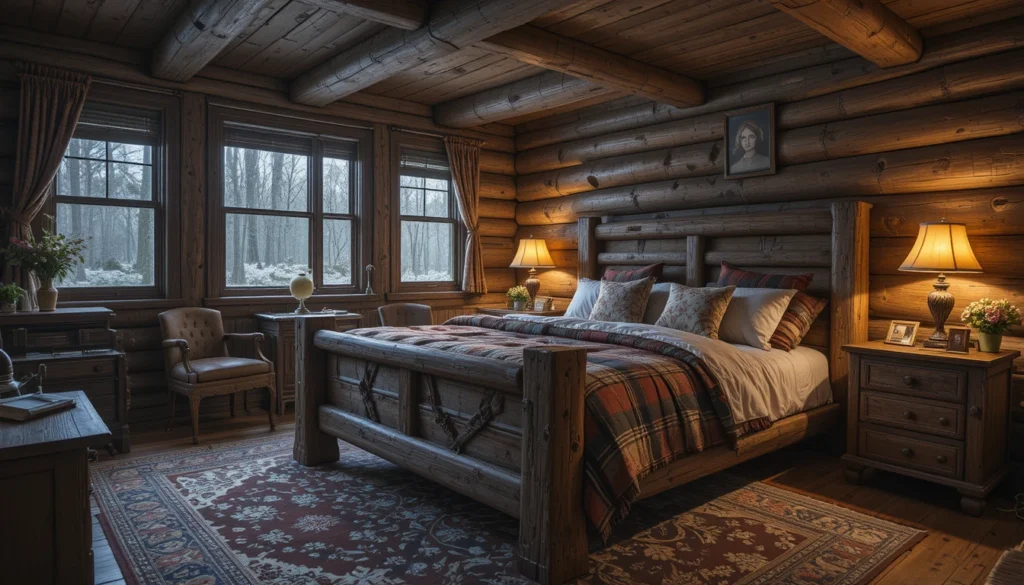 Rustic Cabin Interiors: Cozy Charm and Timeless Design Ideas 9 Rustic bedroom with wood finishes, plaid bedding, and warm lighting for a relaxing cabin feel.