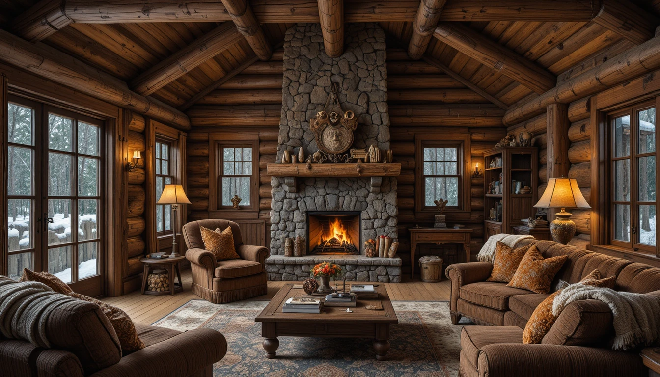 Rustic cabin interior featuring warm wood textures, stone fireplace, and cozy decor for timeless design inspiration.