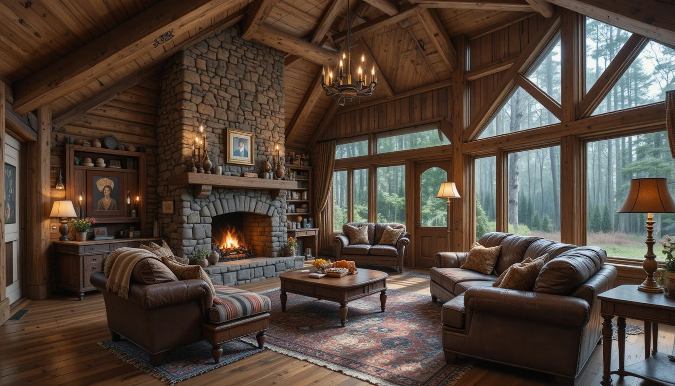 Rustic cabin interior showcasing cozy charm, warm wood tones, stone fireplace, and timeless design elements