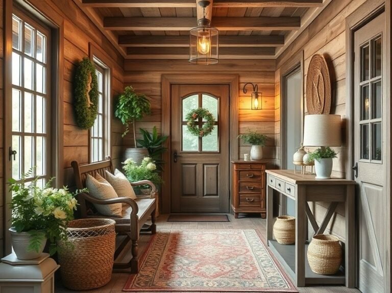 Rustic entryway with natural wood furniture, woven baskets, and cozy farmhouse decor.