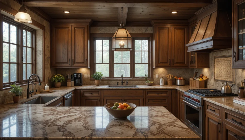 Rustic Cabin Interiors: Cozy Charm and Timeless Design Ideas 7 Rustic kitchen design with wood cabinetry, stone surfaces, and vintage details.