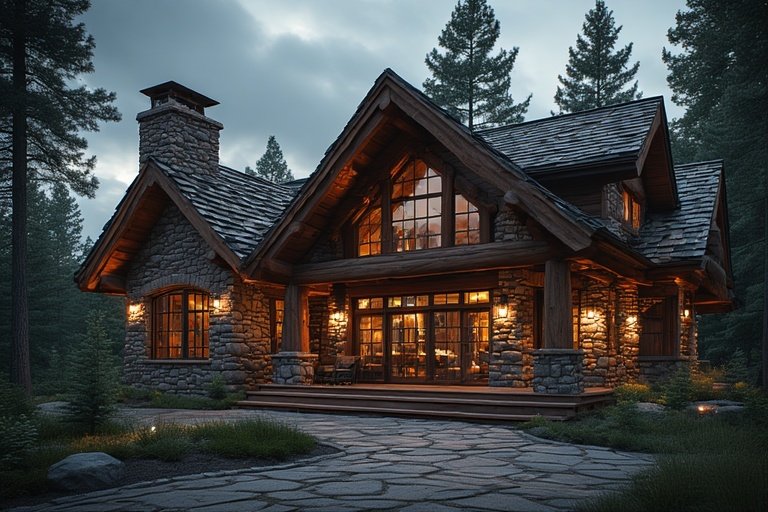 House Designs Exterior: Inspiring Ideas for a Beautiful Home Facade 8 Rustic mountain home exterior with wood, stone, and scenic forest background.