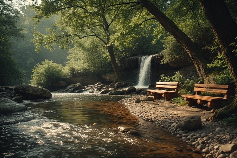 Waterfall Ideas for Hillside Landscapes 11 Rustic wooden seating area near hillside waterfall surrounded by greenery.