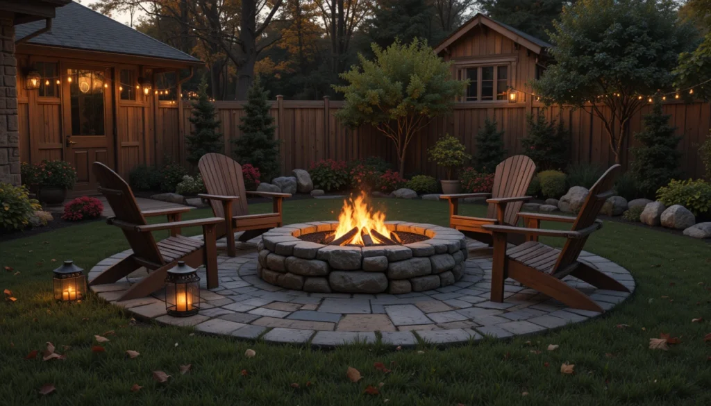A rustic stone fire pit surrounded by wooden chairs and lanterns glowing warmly in a natural backyard setting.