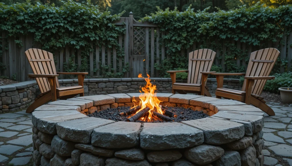 Cozy Patio Fire Pit Ideas for a Warm Outdoor Space 11 Rustic stone fire pit with wooden furniture and garden backdrop.