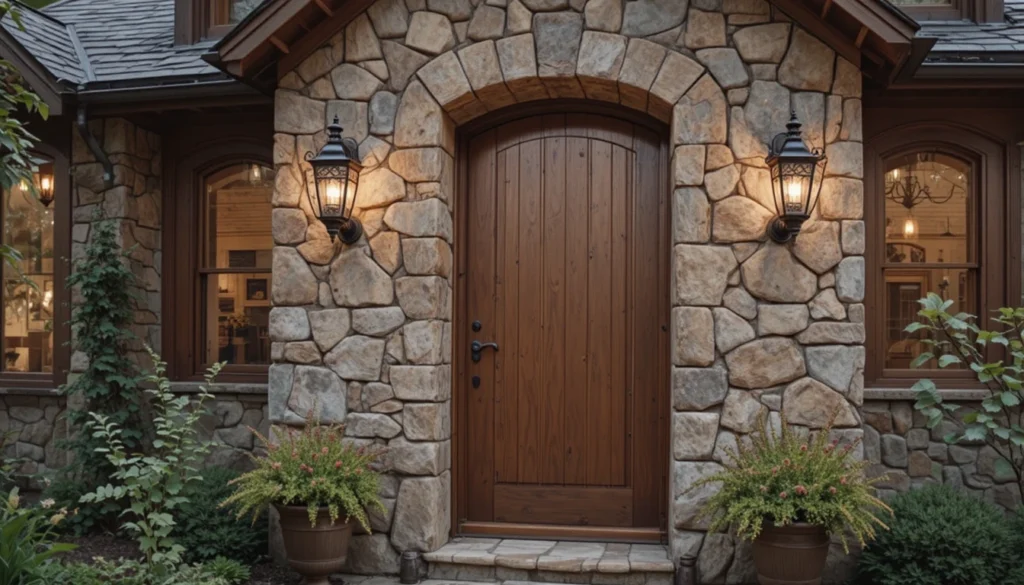 Rustic stone entryway with wooden door and warm lantern lighting.