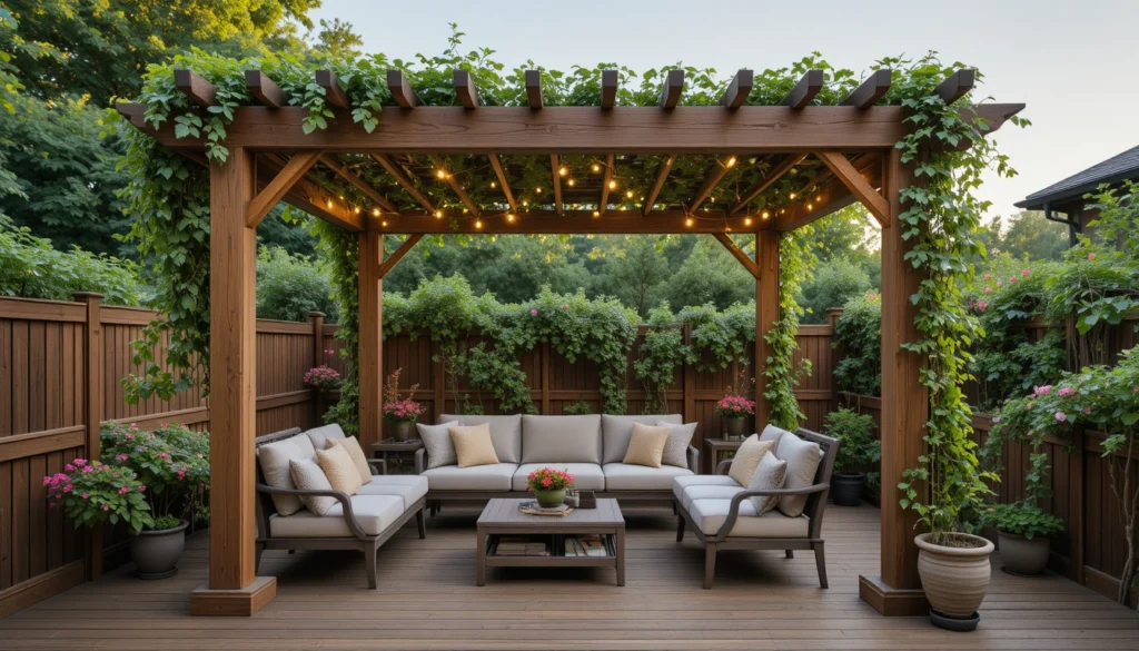 16 Creative DIY Ideas for a Modern Home Garden 10 Wooden pergola with floral vines and cozy outdoor seating.