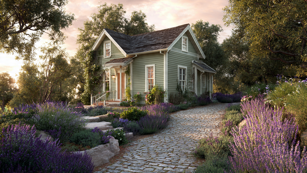 16 Timeless Cottage Decor Ideas to Warm Up Your Space 1 Sage green cottage with white trim and lavender flowers along a cobblestone path.