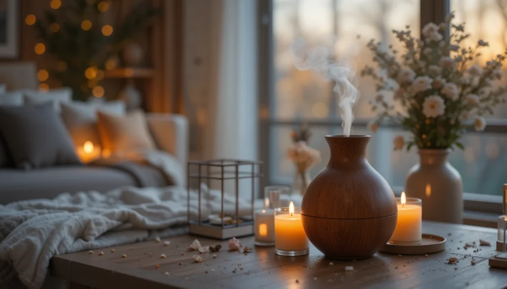 Cozy Home Interiors for Warm and Inviting Spaces 15 Relaxing home ambiance with candles and diffused scents.