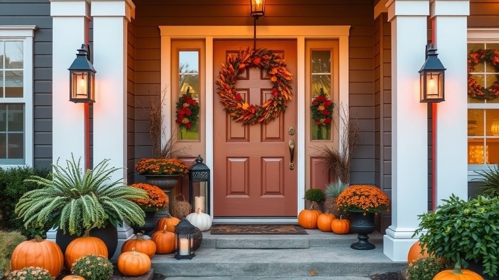 Cozy fall-themed entryway with pumpkins, lanterns, and warm outdoor lighting.