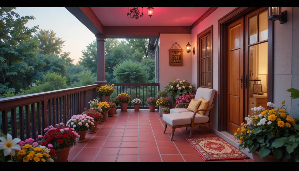 Beautiful Balcony Ideas for Every Home 14 Balcony with cozy seasonal cushions and plants under soft pink glow.
