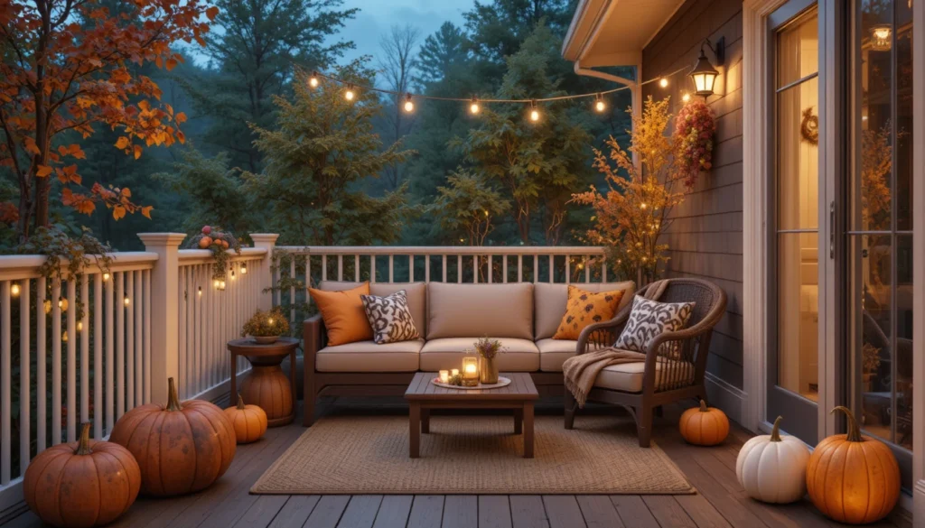 16 Stylish Balcony Ideas to Elevate Your Home Design 16 Autumn-themed balcony with orange cushions, pumpkins, and lights.