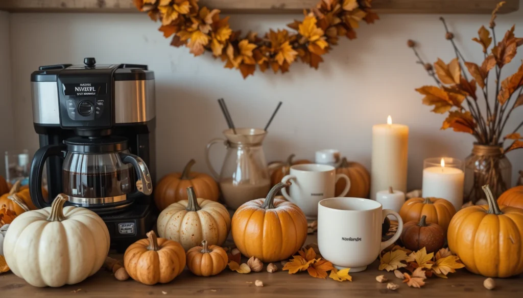 Coffee Bar Ideas for a Stylish and Cozy Home Setup 18 Fall-themed coffee bar with pumpkins and cozy lighting.