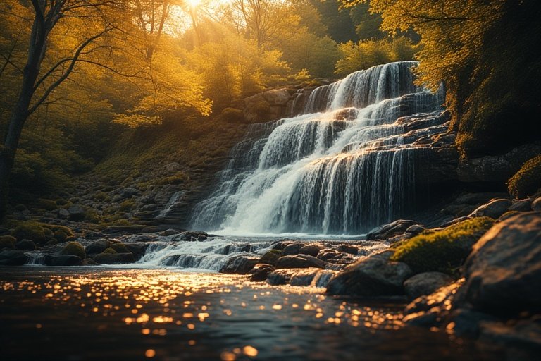 Waterfall Ideas for Hillside Landscapes 14 Hillside waterfall surrounded by colorful seasonal foliage and blooms.