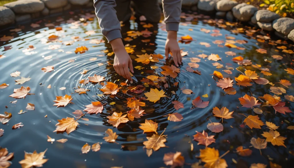 Backyard Water Features for a Serene Outdoor Escape 15 Gardener maintaining a pond surrounded by autumn leaves and warm natural light.