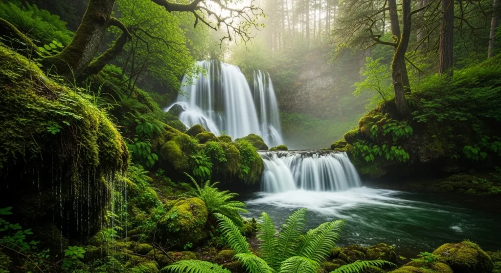 Beautiful Nature Ideas with Waterfalls 2 Hidden forest waterfall surrounded by mossy rocks, ferns, and sunlight filtering through dense green trees.